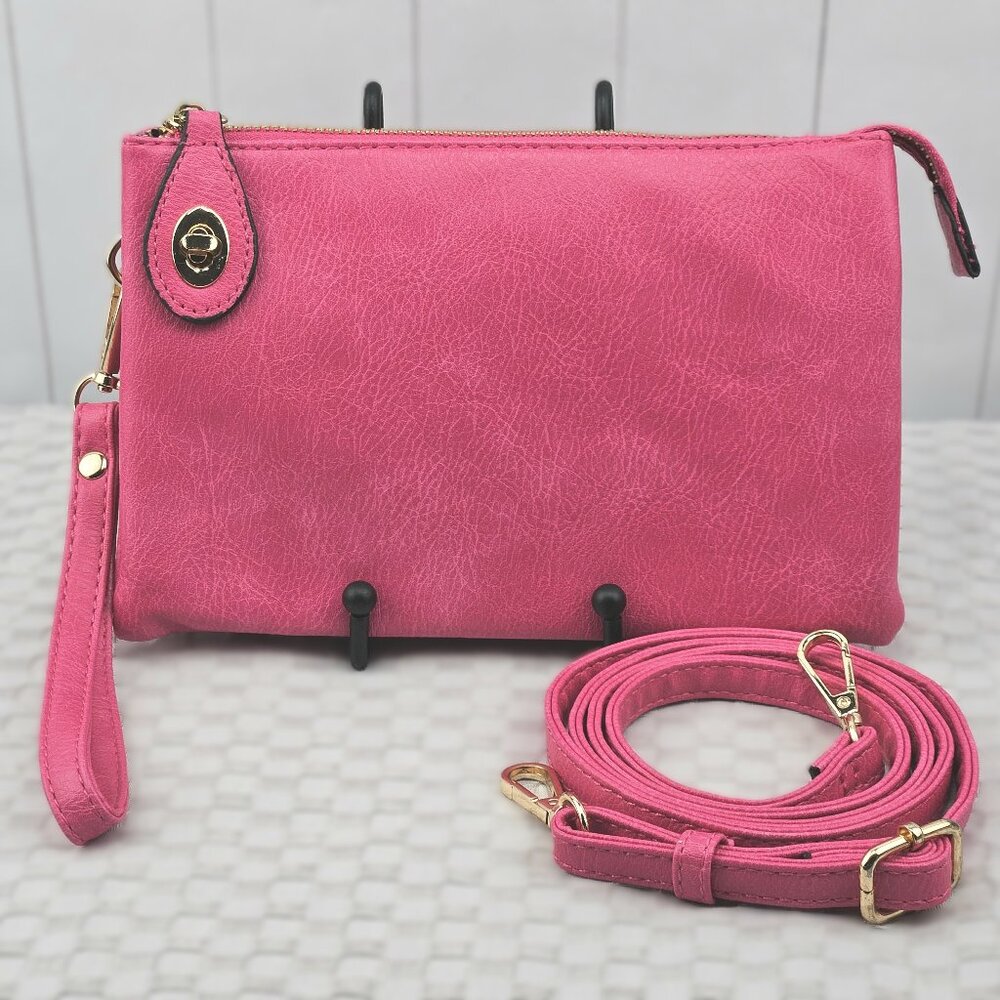 Crossbody Pink Cherry Vegan Leather Leopard Print Lining Purse Clutch Wristlet